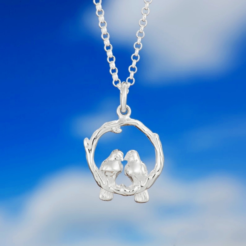 925 Sterling Silver Love Birds Necklace 18" With 2" Extension
